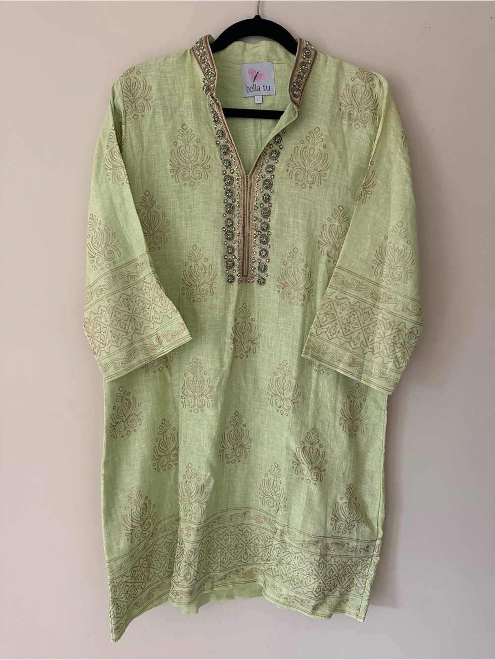 NWOT Bella Tu Light Green Linen Embroidered Tunic Dress | Size Large